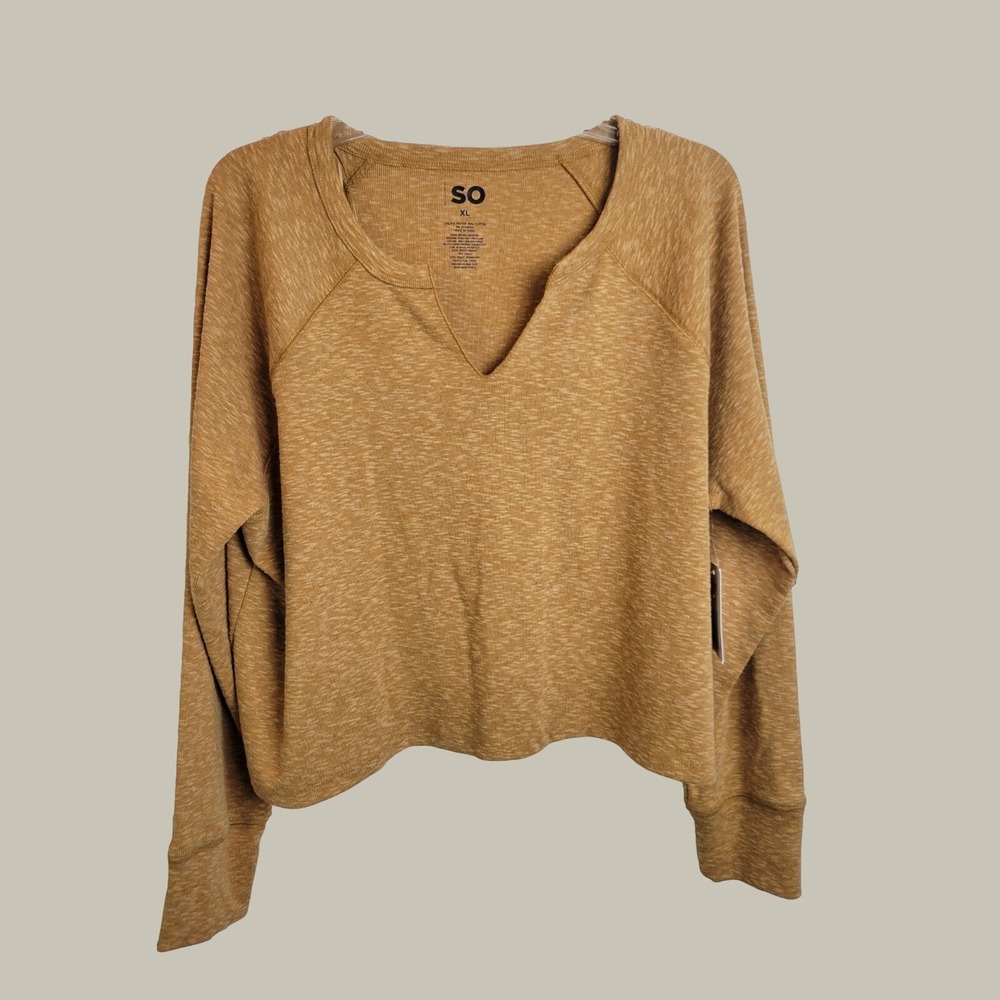 NWT SO Sweatshirt Pullover Cropped Raglan V-Neck Bronze Mustard Yellow XL